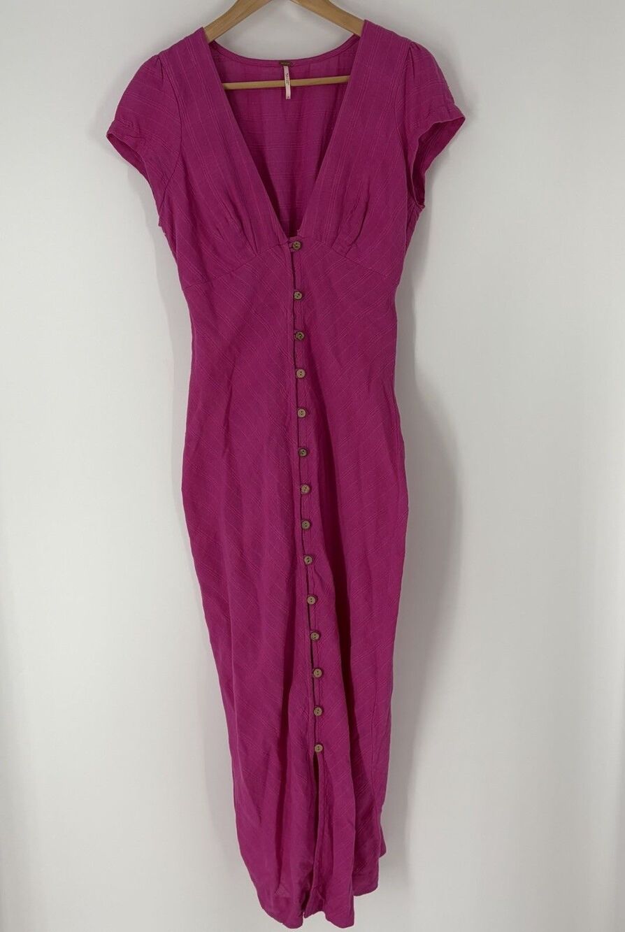 Free People Dress Small Womens Pink New In Town Midi Button Front Boho V Neck